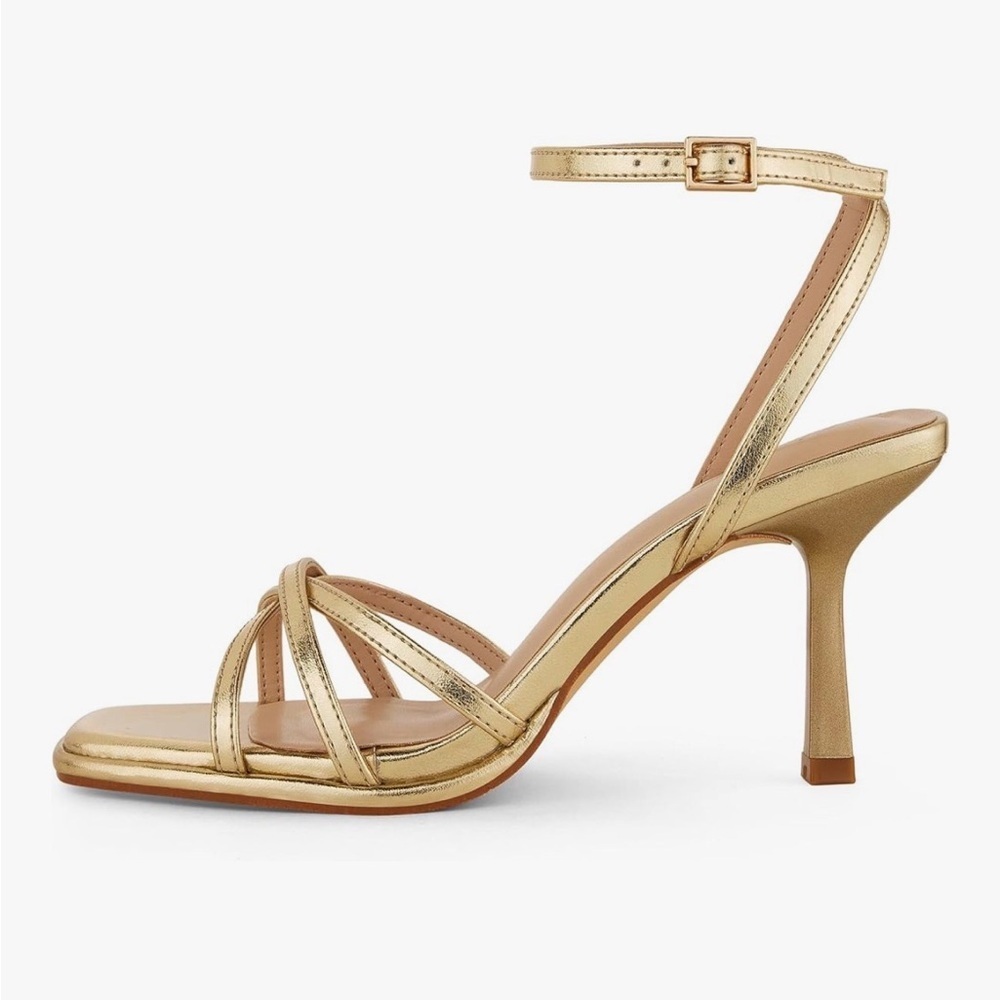 NEW Elisabet Tang Gold Strappy Heel Sandals Size 8 Square Toe 3” Heel - Picture 3 of 4